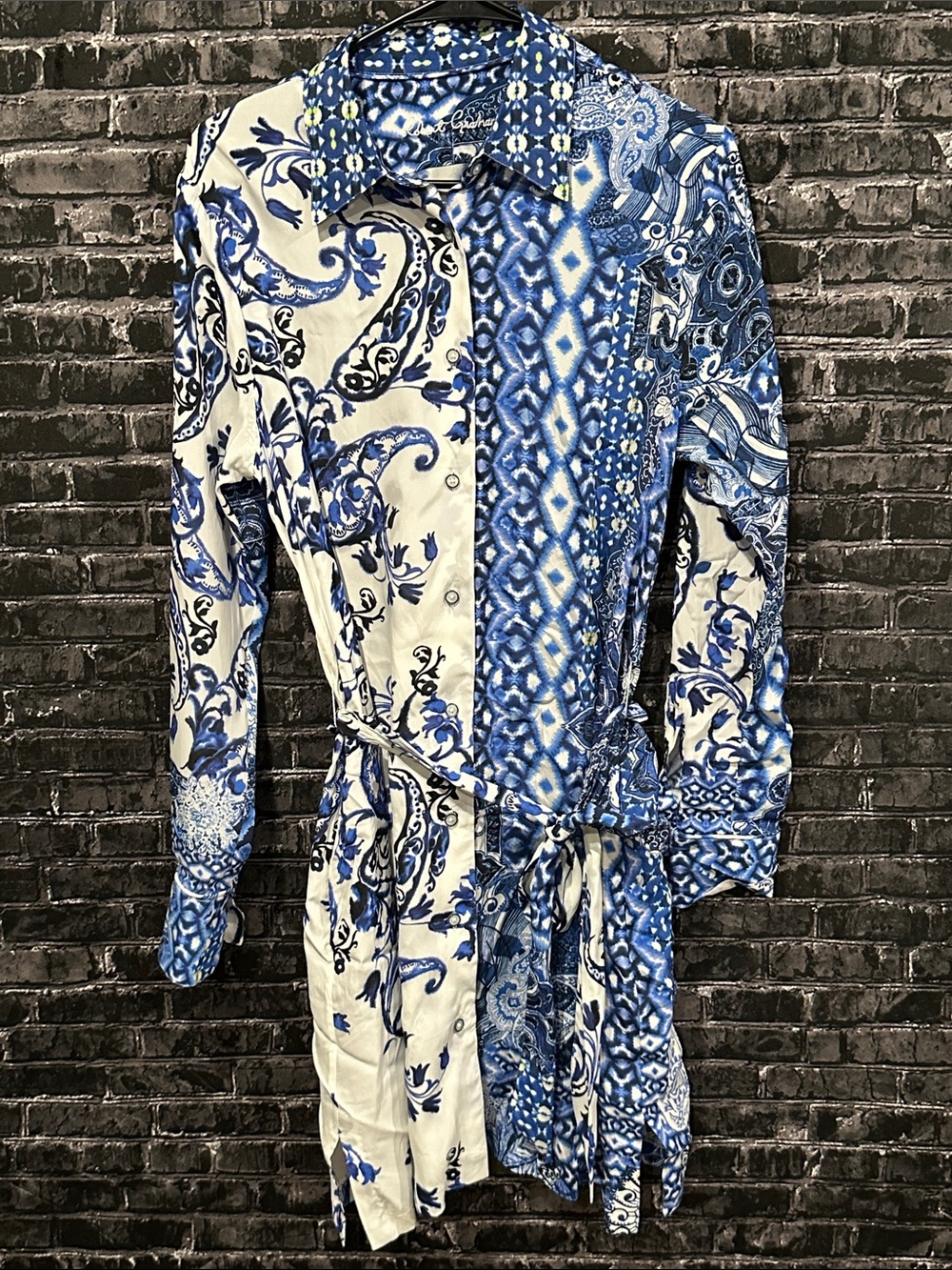 Robert Graham Blue & White Mixed Paisley Button-Up Dress with wrap tie!